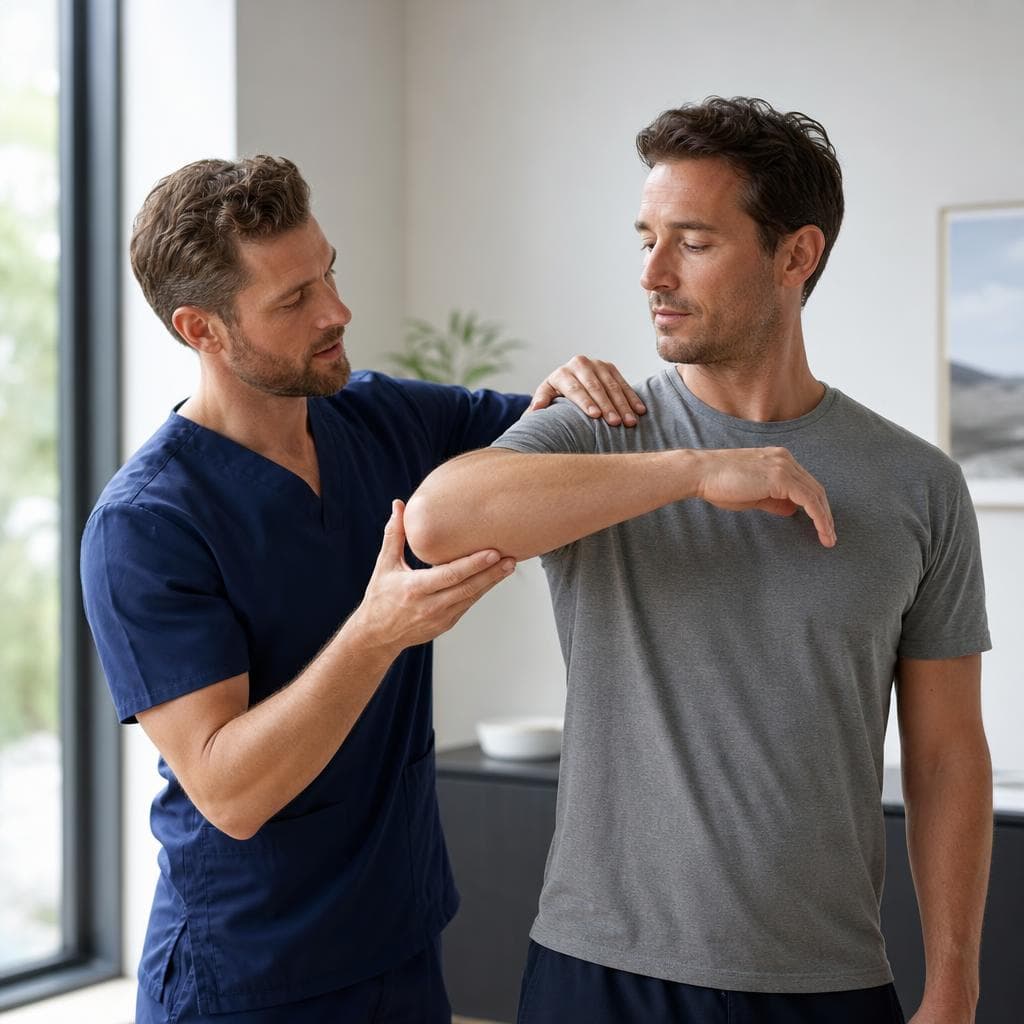 Physiotherapist helping a patient assess shoulder movement
