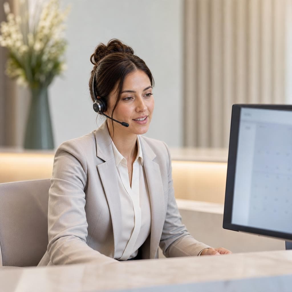 Human front-desk professional focused on a caller at her workstation